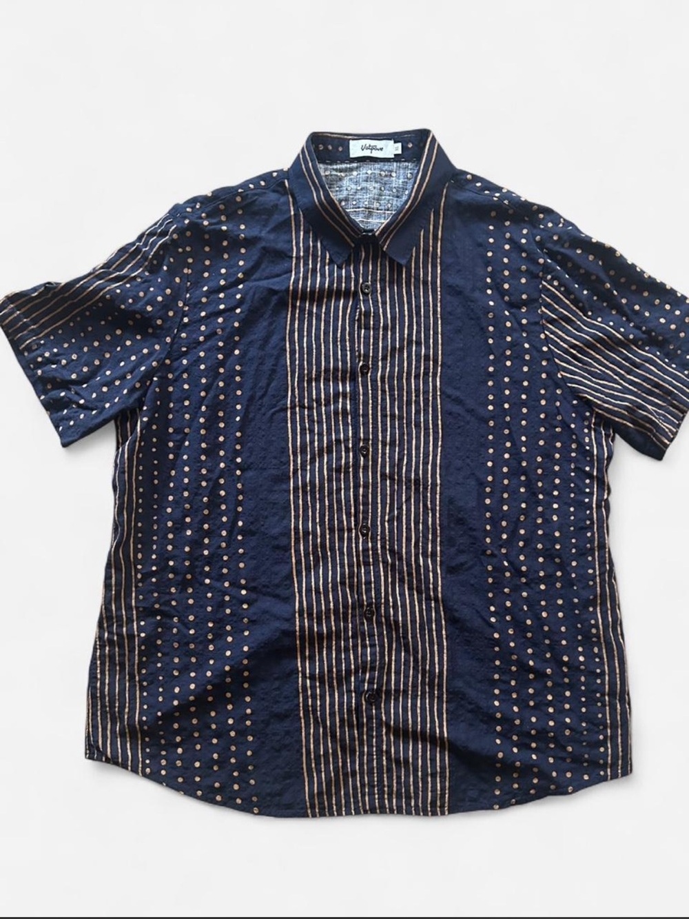 Atlanl navy & rust orange linen button-up shirt - XL